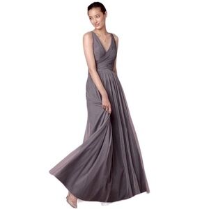 ANTHRO BHLDN HITHERTO GREY MAXI TULLE SLEEVELESS DEEP V NECK PLUNGE GOWN 0